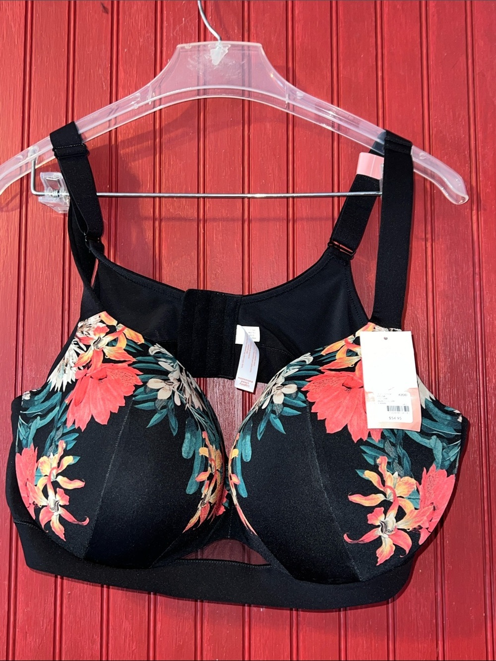 Cacique Black Bra with Red & Green Floral Print 42DD